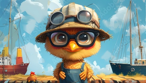 Serious smart baby chick in shipbuilders hat set against an abstract comic backdrop photo