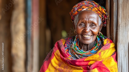 Radiant Elderly Kenyan Woman in Kanga Exuding Natural Beauty with Candid Smile