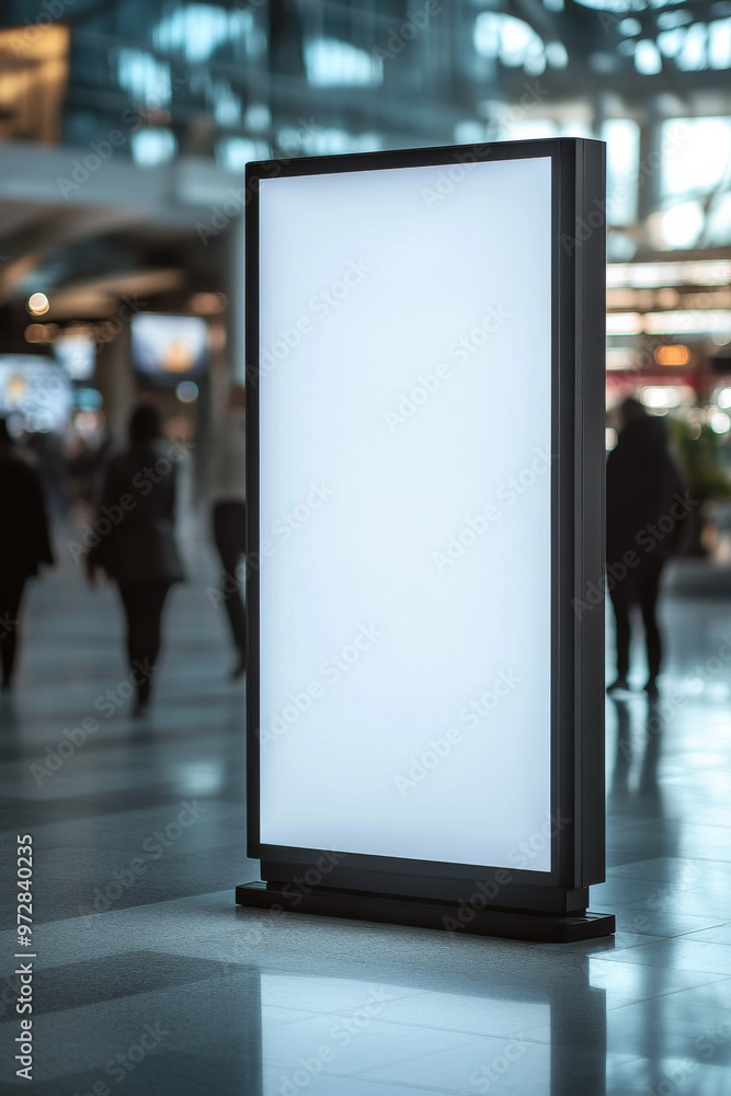 Indoor vertical billboard in a busy public space, ideal as a mockup for advertising targeting high foot traffic. The clean, minimalist mock up fits perfectly into modern environments. Indoor vertical billboard in a busy public space, ideal as a mockup for advertising targeting high foot traffic. The clean, minimalist mock up fits perfectly into modern environments.