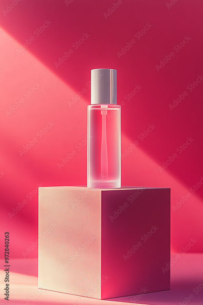 Transparent bottle on a pastel block with deep pink shadows Transparent bottle on a pastel block with deep pink shadows