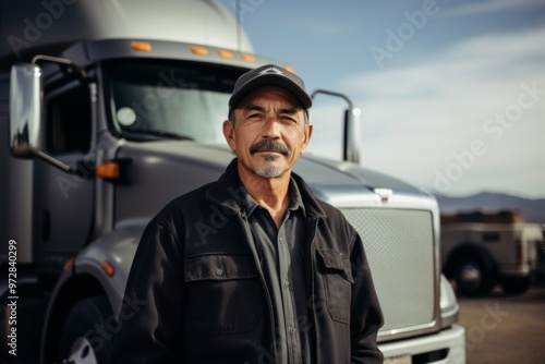 Portrait of a Hispanic middle aged body positive male truck driver