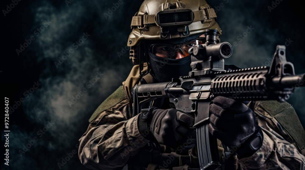 Portrait of a special forces soldier with machine gun. The concept of special military units. Neural network ai generated art Portrait of a special forces soldier with machine gun. The concept of special military units. Neural network ai generated art