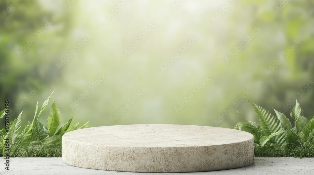 Natural Stone Podium, front view focus, with Earth Day Celebration Background, product displays Natural Stone Podium, front view focus, with Earth Day Celebration Background, product displays
