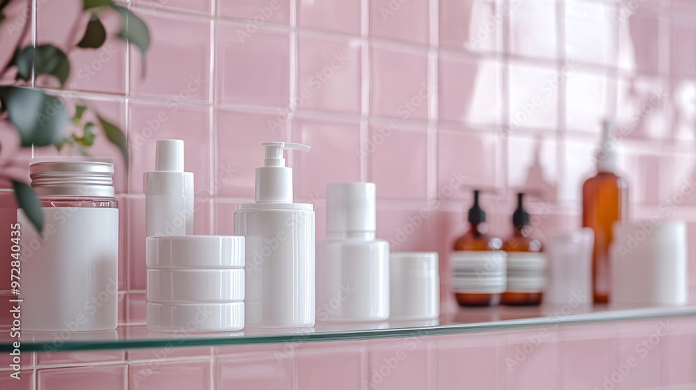 Multiple white cosmetic bottles on a shelf with green plants Multiple white cosmetic bottles on a shelf with green plants