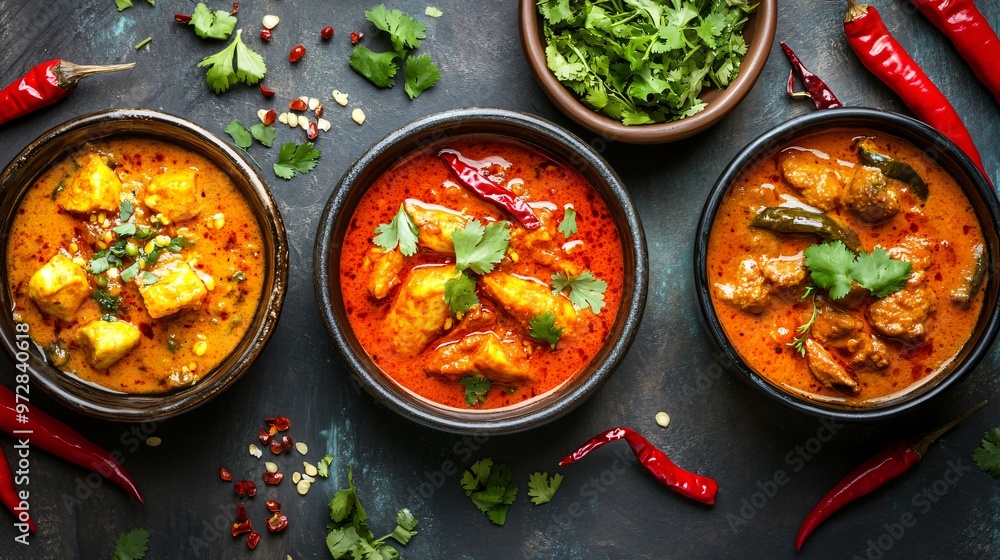 Three bowls of Indian curry with red chilies, cilantro, and chili flakes on a dark surface. Three bowls of Indian curry with red chilies, cilantro, and chili flakes on a dark surface.