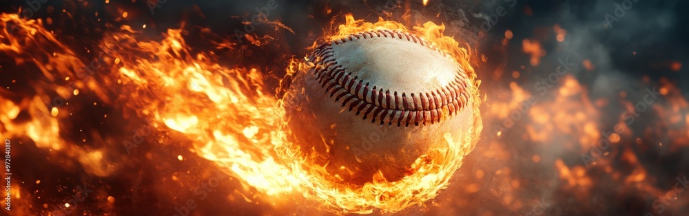 Baseball on fire flying with intense energy Baseball on fire flying with intense energy