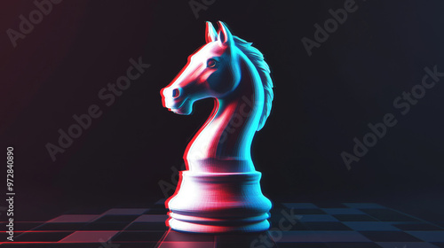 A striking vector illustration featuring a chess knight, represented by the head of a horse, set against a dark background. The design incorporates a glitch effect, adding an anaglyph color effect to 
