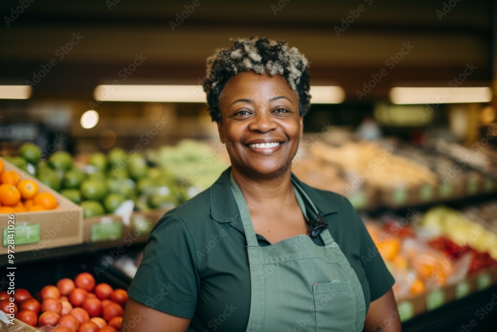 Portrait of a middle aged female worker in grocery store Portrait of a middle aged female worker in grocery store