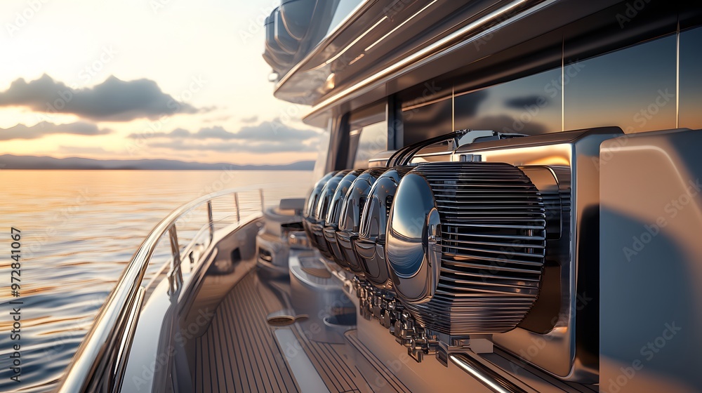 33. **Detailed 3D render of a luxury yacht engine with sleek design and visible propeller drive 33. **Detailed 3D render of a luxury yacht engine with sleek design and visible propeller drive