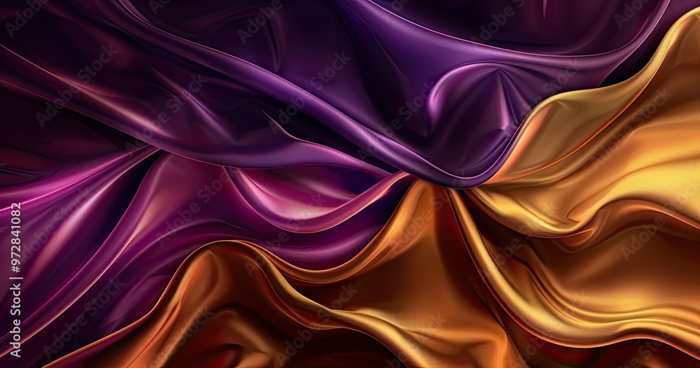 Obraz premium A vibrant display of flowing fabric textures in rich purple, orange, and gold hues, creating a sense of elegance and depth.