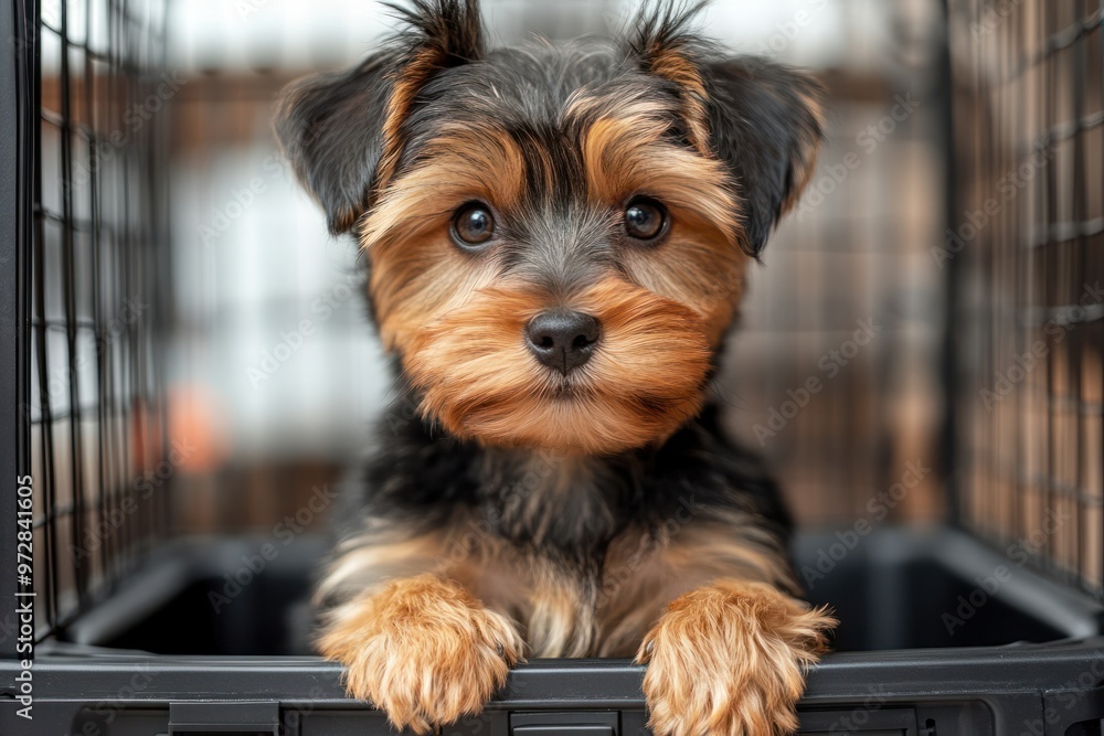 Adorable Yorkie Puppy Looking Out of a Crate Adorable Yorkie Puppy Looking Out of a Crate