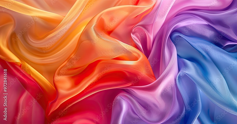 A vibrant display of flowing silk fabric in shades of orange, pink, and purple, showcasing texture and color interplay. A vibrant display of flowing silk fabric in shades of orange, pink, and purple, showcasing texture and color interplay.