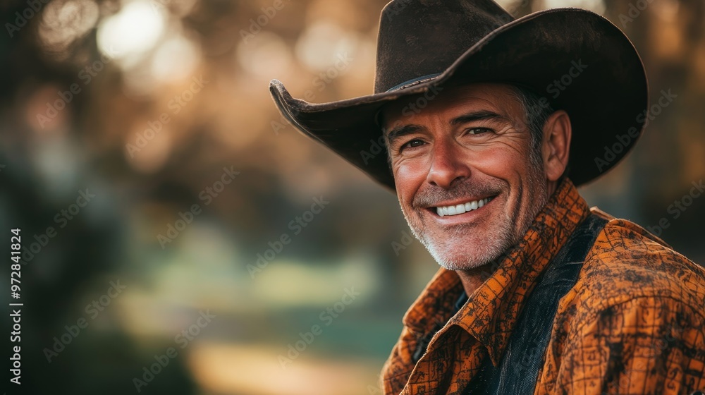 Joyful Middle-Aged Cowboy Embracing Natural Beauty in American Wilderness Joyful Middle-Aged Cowboy Embracing Natural Beauty in American Wilderness