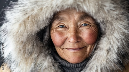 Portrait of an Elderly Inuit Woman in Fur Parka Embracing Natural Beauty with Candid Smile