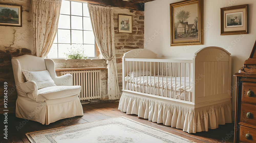 A cozy nursery featuring a crib, armchair, and warm decor for a child's comfort. A cozy nursery featuring a crib, armchair, and warm decor for a child's comfort.