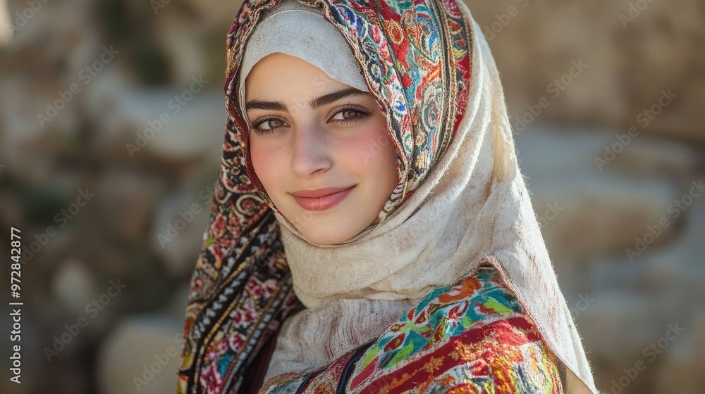 Radiant Syrian Woman in Traditional Costume Capturing the Spirit of an Ancient City with Her Candid Smile and Natural Beauty Radiant Syrian Woman in Traditional Costume Capturing the Spirit of an Ancient City with Her Candid Smile and Natural Beauty