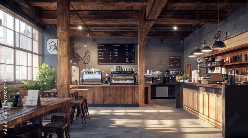 A coffee shop interior featuring wooden beams and large, open spaces, creating a rustic and welcoming atmosphere with plenty of room for patrons. A coffee shop interior featuring wooden beams and large, open spaces, creating a rustic and welcoming atmosphere with plenty of room for patrons.
