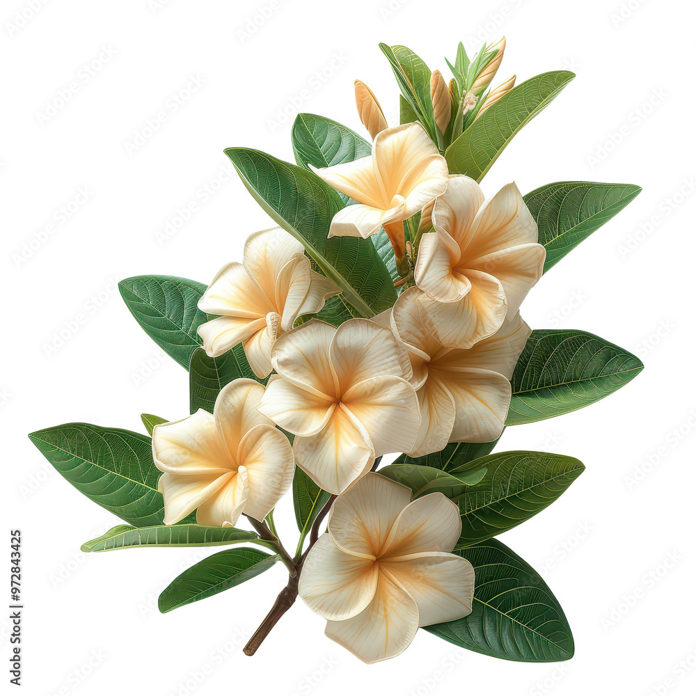 Fototapeta premium Beautiful frangipani flowers with green leaves isolated transparent background