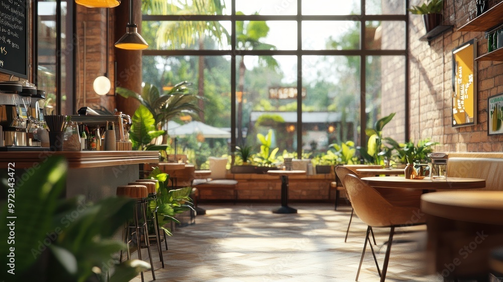 A coffee shop interior with large windows, lush plants, and cozy seating, creating a bright and refreshing atmosphere with a touch of nature. A coffee shop interior with large windows, lush plants, and cozy seating, creating a bright and refreshing atmosphere with a touch of nature.