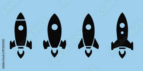 Rocket icon Silhouette set. Set of Rocket space silhouettes, Rocketship Silhouette Bundle, Rocket ship icon set vector art.