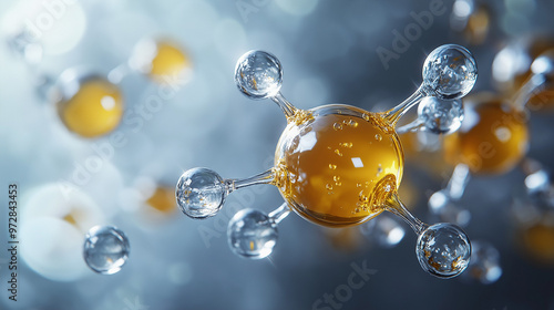 A yellow object floating in the water , with bubble, golden organic structures, biochemical illustrations