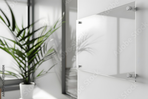 Glass Sign Plate on White Wall Mockup. Generative Ai.