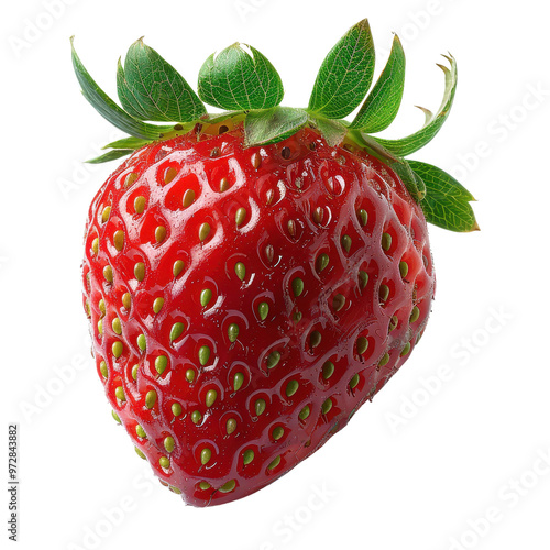 Fresh red strawberry with green leaves isolated transparent background