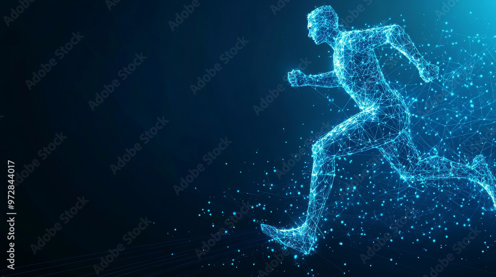 The vector illustration features a digital running man in motion, set against a futuristic technological blue background. The athlete’s silhouette is composed of scattered particles, points, lines, an The vector illustration features a digital running man in motion, set against a futuristic technological blue background. The athlete’s silhouette is composed of scattered particles, points, lines, an