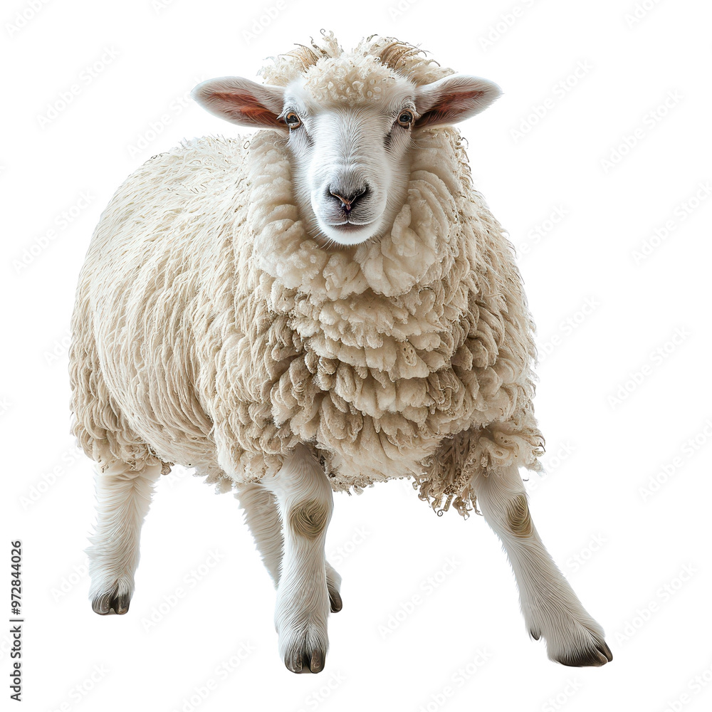 Fototapeta premium Fluffy white sheep standing isolated transparent background