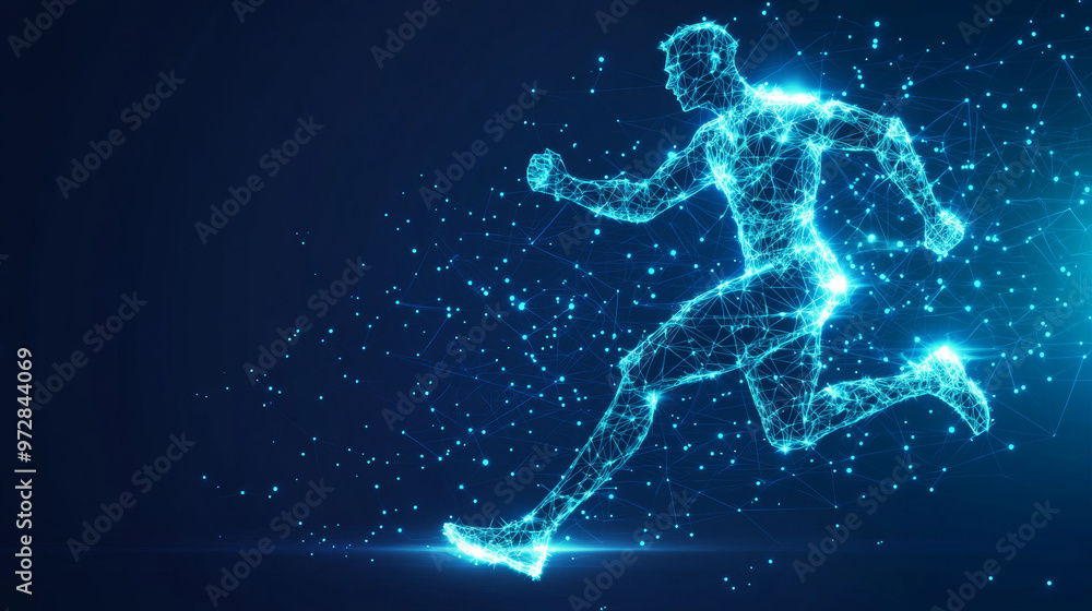 The vector illustration features a digital running man in motion, set against a futuristic technological blue background. The athlete’s silhouette is composed of scattered particles, points, lines, an The vector illustration features a digital running man in motion, set against a futuristic technological blue background. The athlete’s silhouette is composed of scattered particles, points, lines, an