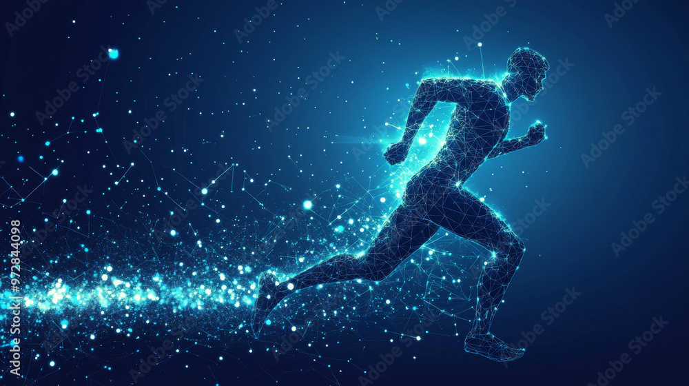 The vector illustration features a digital running man in motion, set against a futuristic technological blue background. The athlete’s silhouette is composed of scattered particles, points, lines, an The vector illustration features a digital running man in motion, set against a futuristic technological blue background. The athlete’s silhouette is composed of scattered particles, points, lines, an
