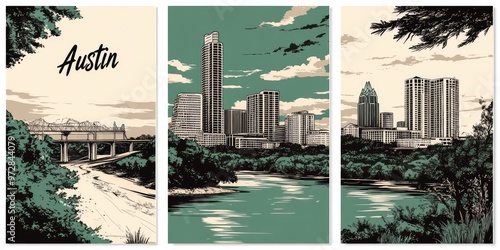 Artistic depiction of Austin skyline with river and bridge in a vintage style on a sunny day photo