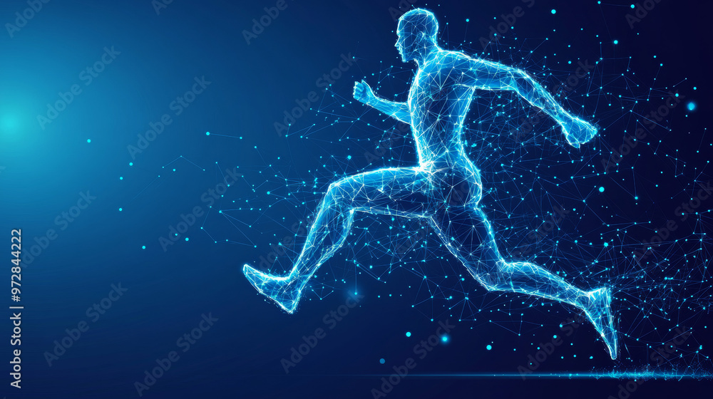 The vector illustration features a digital running man in motion, set against a futuristic technological blue background. The athlete’s silhouette is composed of scattered particles, points, lines, an The vector illustration features a digital running man in motion, set against a futuristic technological blue background. The athlete’s silhouette is composed of scattered particles, points, lines, an