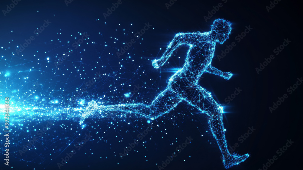 The vector illustration features a digital running man in motion, set against a futuristic technological blue background. The athlete’s silhouette is composed of scattered particles, points, lines, an The vector illustration features a digital running man in motion, set against a futuristic technological blue background. The athlete’s silhouette is composed of scattered particles, points, lines, an
