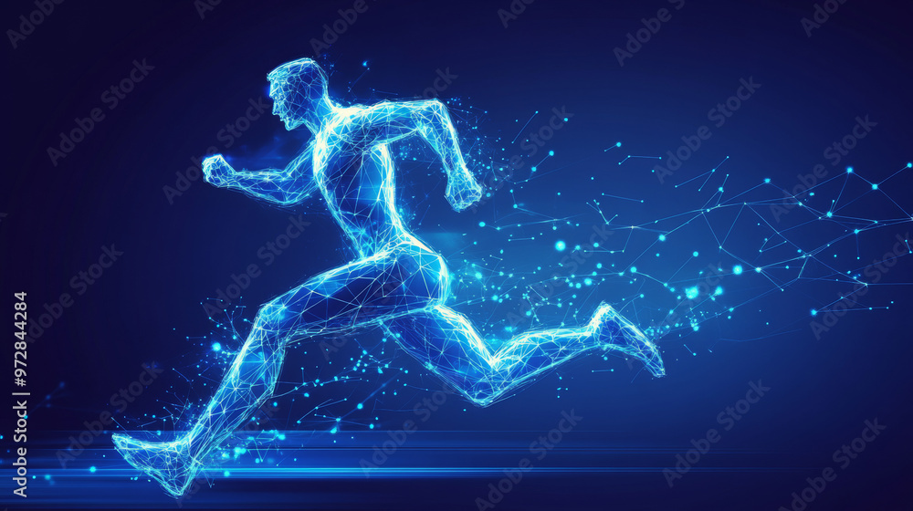 The vector illustration features a digital running man in motion, set against a futuristic technological blue background. The athlete’s silhouette is composed of scattered particles, points, lines, an The vector illustration features a digital running man in motion, set against a futuristic technological blue background. The athlete’s silhouette is composed of scattered particles, points, lines, an