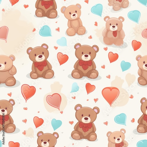 Cute Teddy Bears and Hearts Seamless Pattern