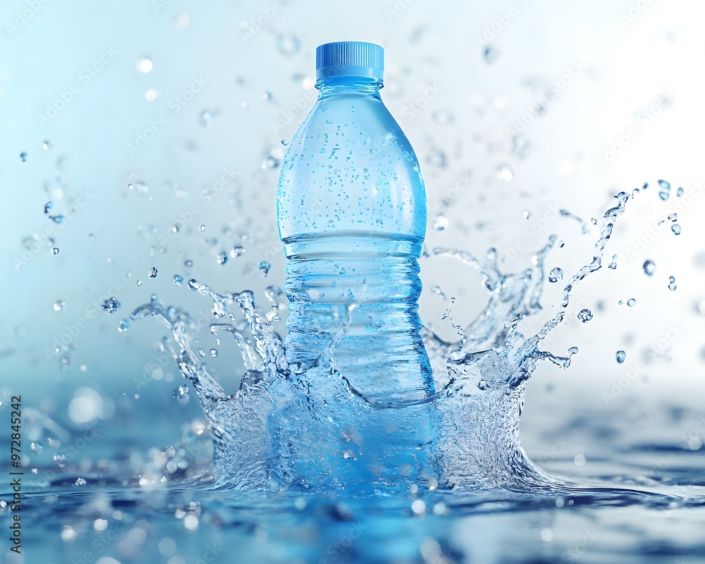 A refreshing water bottle splashing into clear water, showcasing purity and hydration in a vibrant, dynamic setting. A refreshing water bottle splashing into clear water, showcasing purity and hydration in a vibrant, dynamic setting.