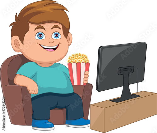 fat boy watching television while holding popcorn