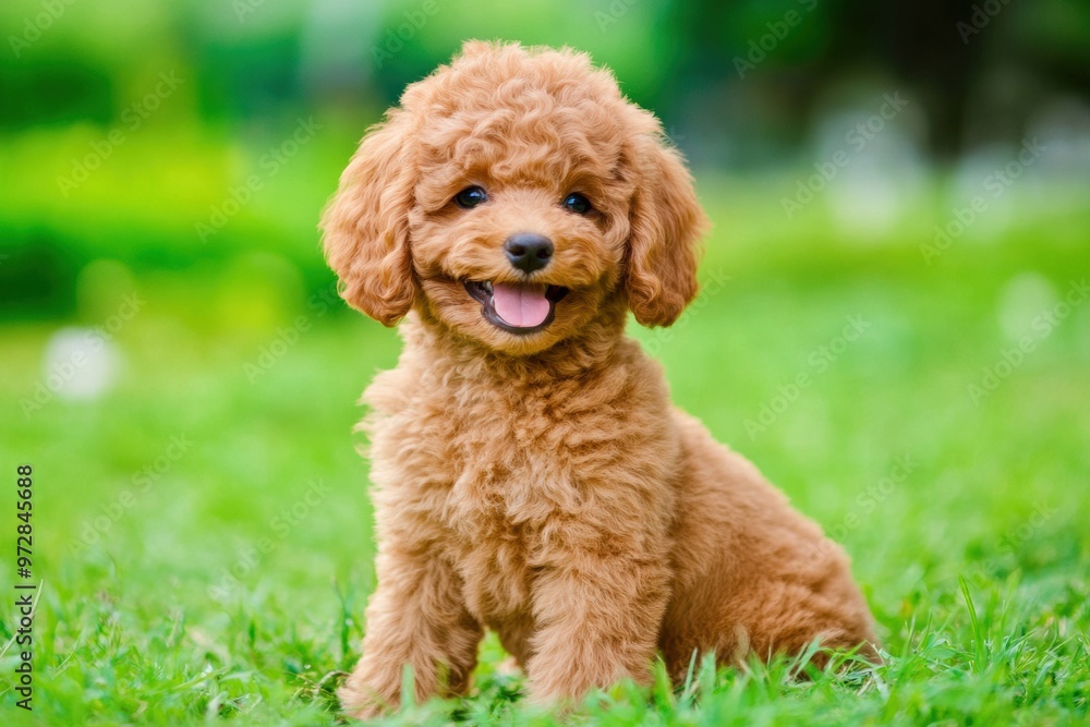 Toy Poodle puppy in vibrant green field background Toy Poodle puppy in vibrant green field background