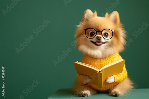 A cheerful Pomeranian dog wearing glasses and an orange sweater reading a book against a bright green background photo