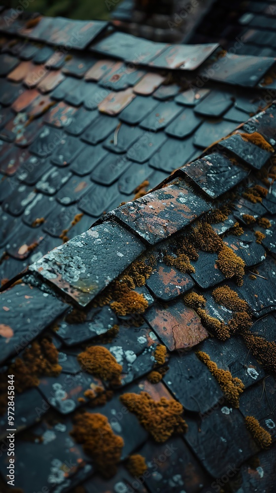 Close Up of Weathered Slate Roof with Moss Close Up of Weathered Slate Roof with Moss