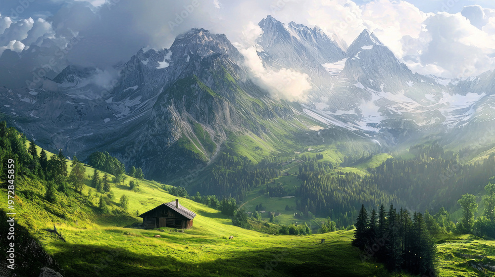 A mountain range with a small cabin in the middle of a lush green field A mountain range with a small cabin in the middle of a lush green field
