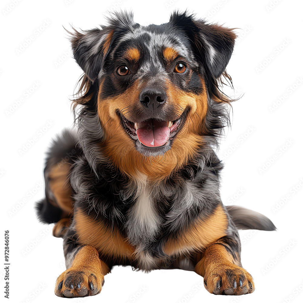 Happy Australian Shepherd Dog with Black Tan and White Fur Happy Australian Shepherd Dog with Black Tan and White Fur