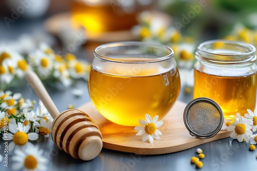 A freshly brewed chamomile and honey tea, served with a tea strainer and a jar of wildflower honey on the side photo