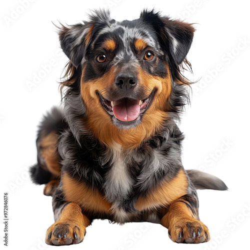 Happy Australian Shepherd Dog with Black Tan and White Fur