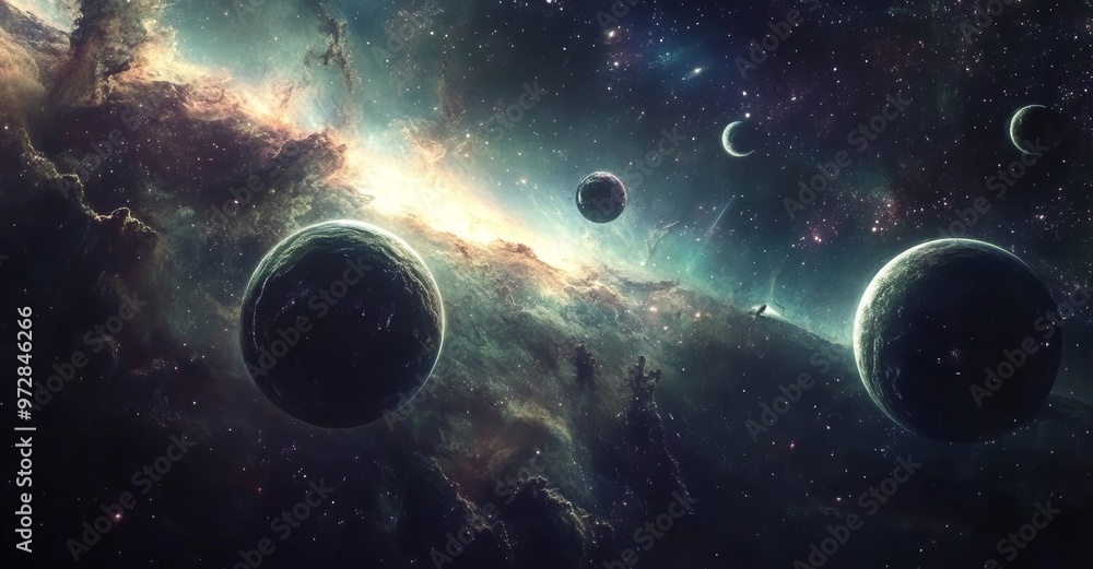 Obraz premium Vast Cosmic Landscape with Planets and Nebulae in Dramatic Sci Fi Universe
