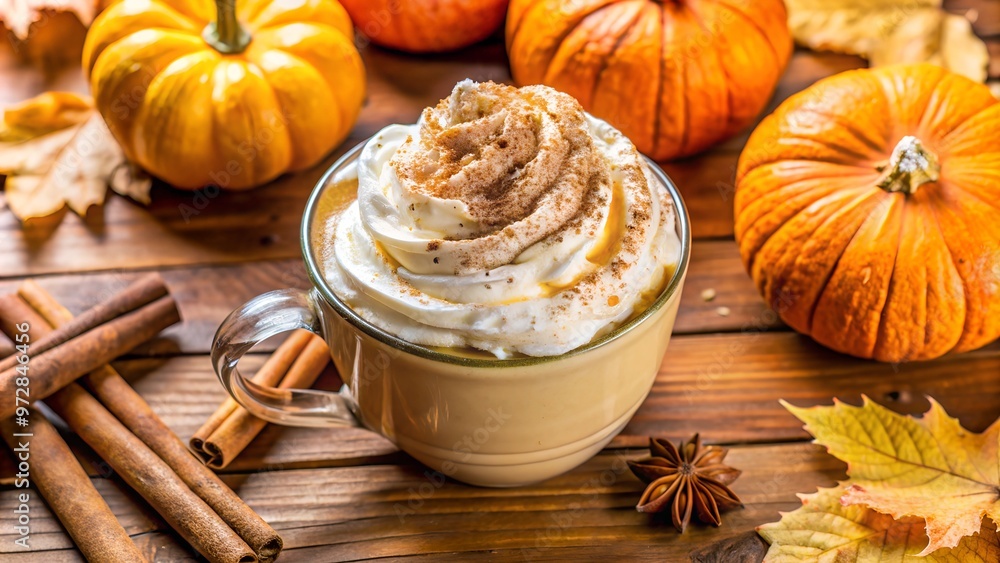 A warm cup of pumpkin spice latte with a cinnamon stick, representing the flavors of autumn A warm cup of pumpkin spice latte with a cinnamon stick, representing the flavors of autumn