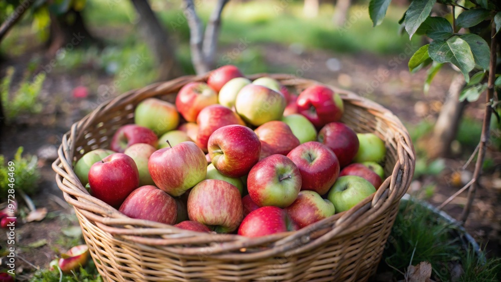 A wicker basket filled with freshly picked apples, representing the start of the apple harvest season A wicker basket filled with freshly picked apples, representing the start of the apple harvest season