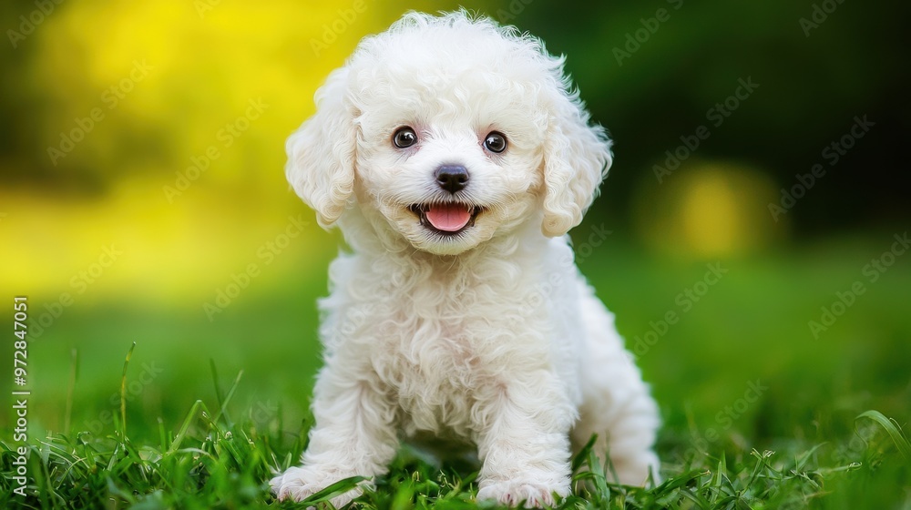 White Toy Poodle puppy in vibrant green field background White Toy Poodle puppy in vibrant green field background