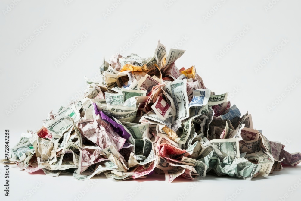 A large pile of crumpled cash in various denominations. This image symbolizes wealth and financial abundance. Bright colors stand out. Ideal for finance-related projects. Generative AI A large pile of crumpled cash in various denominations. This image symbolizes wealth and financial abundance. Bright colors stand out. Ideal for finance-related projects. Generative AI
